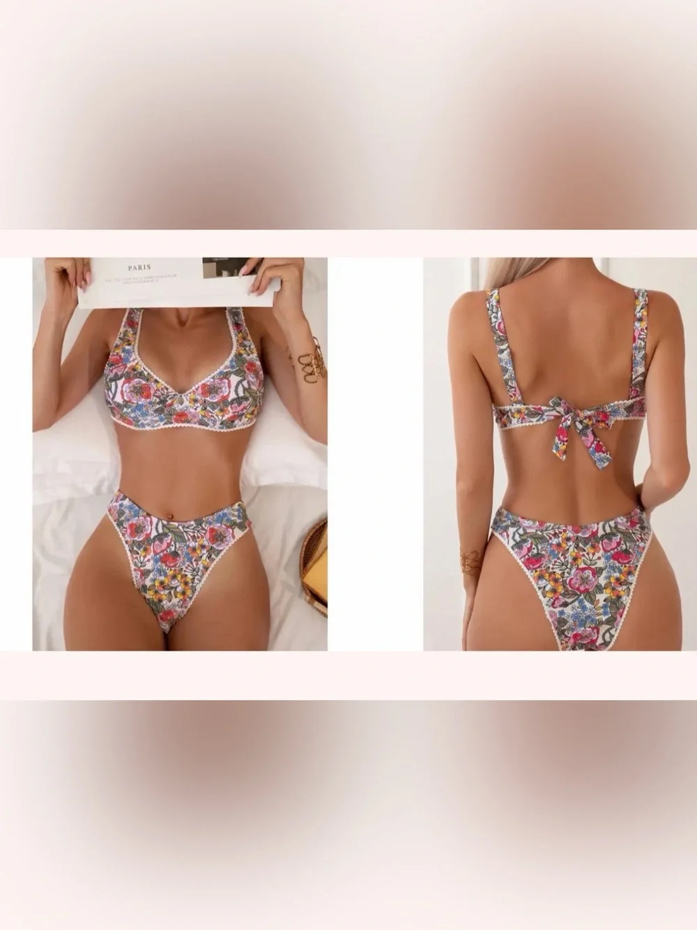 Floral Lace-Trim Bralette & Bikini Set - White Multicolor